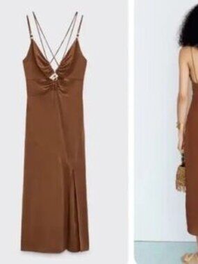 Zara Brown Linen Cut Out Dress Size Small NWT